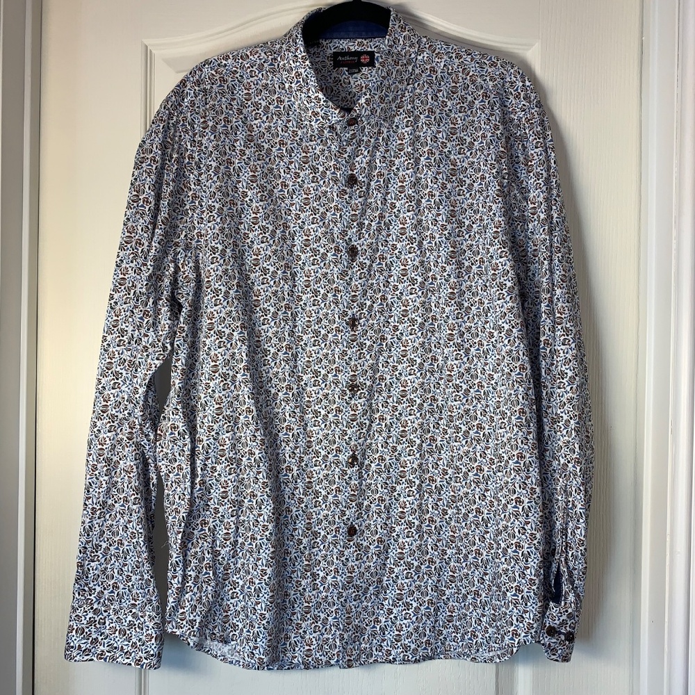 Anthony of London Men’s Floral Print Button-Up Shirt – Blue Brown White –‎ EU XL